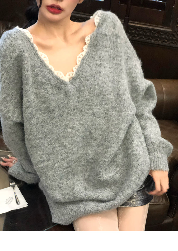 【24s Dec.】Bow Lace Loose Backless Sweater