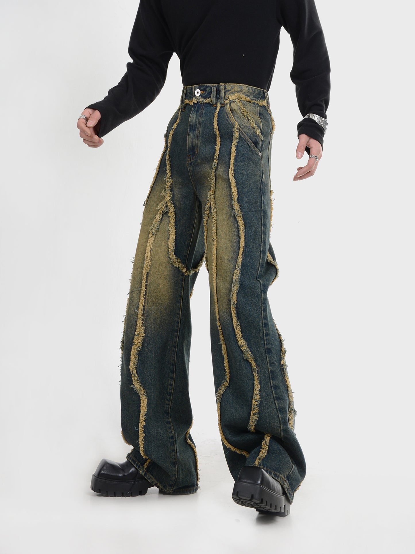 【24s February.】Raw Edge Vertical Stripe Patchwork Jeans