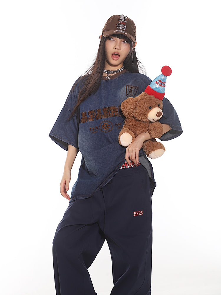 【24s July.】Lettering Embroidered Denim T-Shirt TrendyStyle101