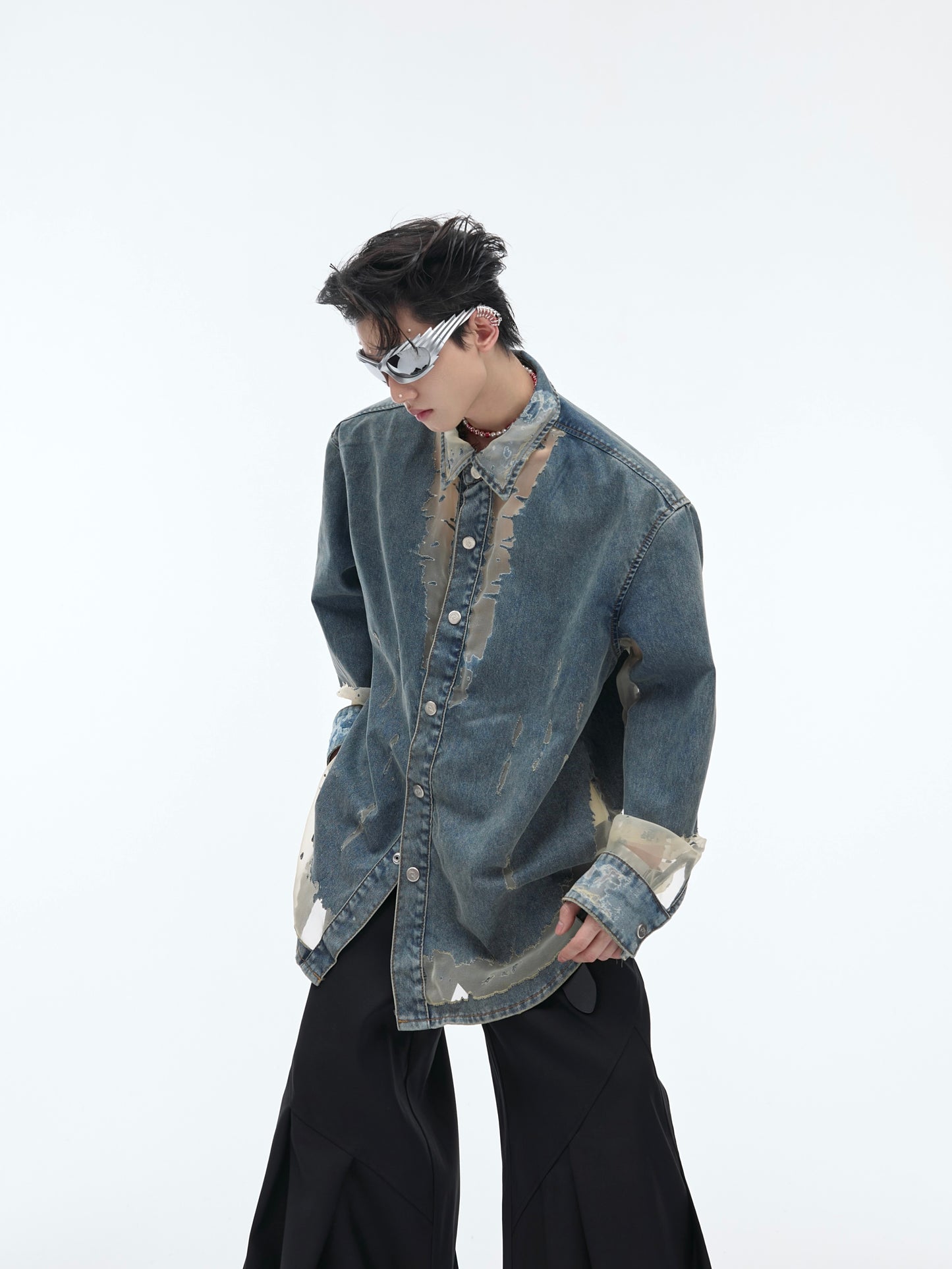 【24s April.】Mesh Hollow Design Denim Shirt