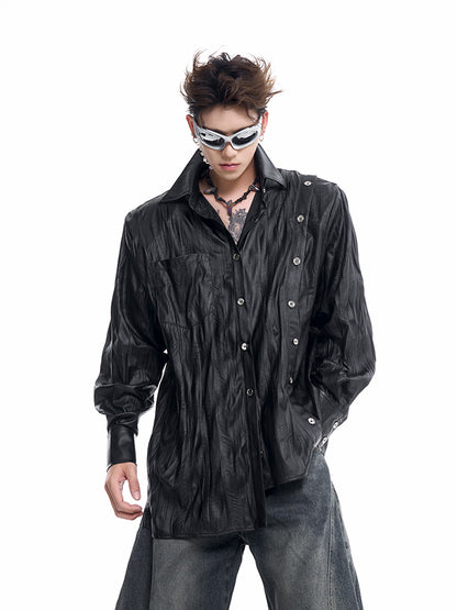 【24s Oct.】Niche Design Textured Patent Leather Metal Button Shirt