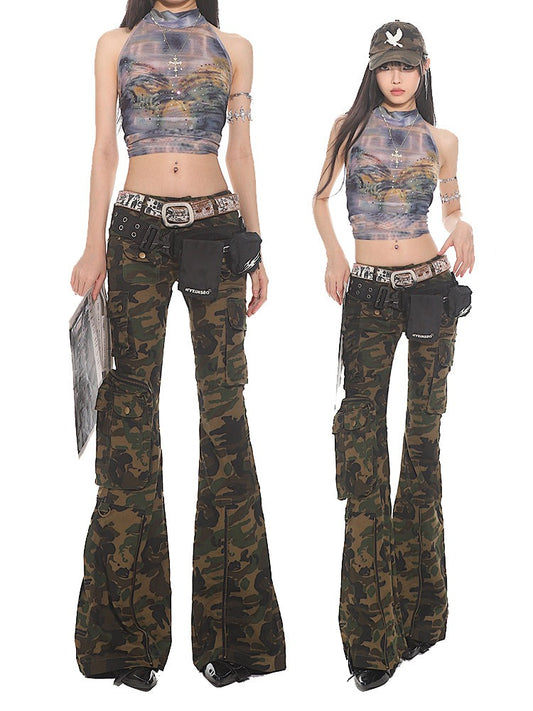 【24s July.】Vintage Multi-Pocket Camouflage Slim Low-Rise Pants
