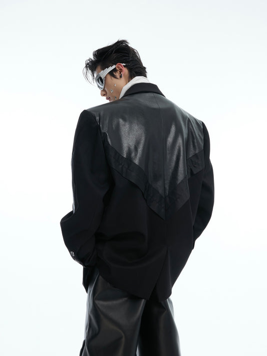 【25s Mar.】Niche Split PU Leather Stitching Shoulder Pad Suit Jacket