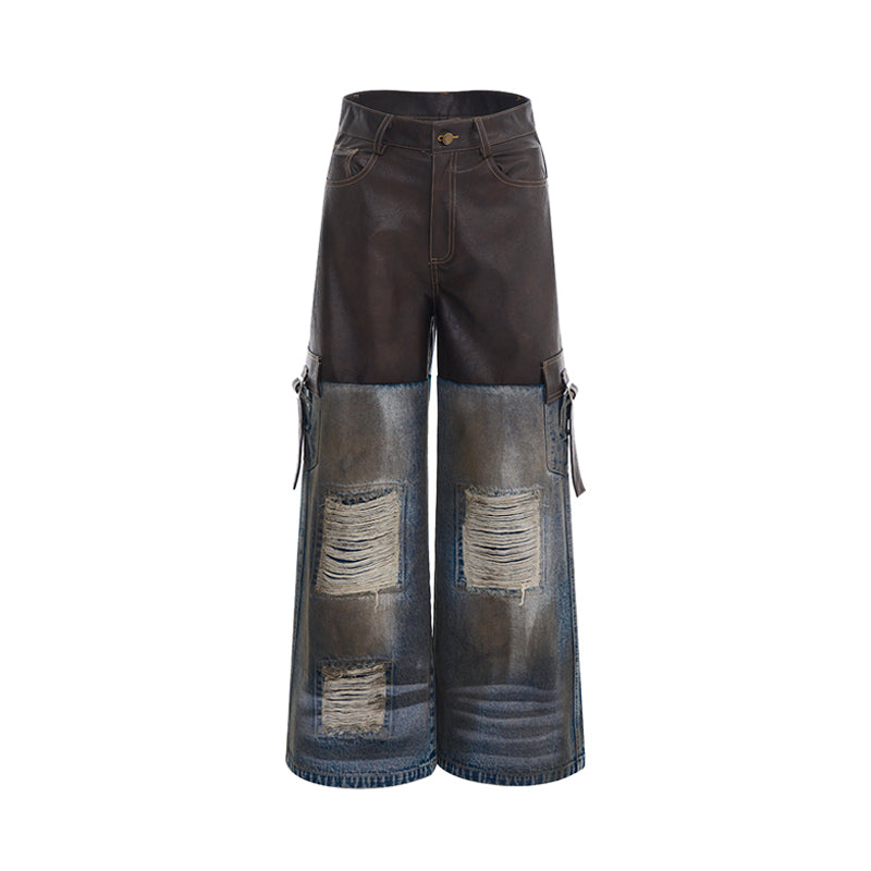 【24s Nov.】Vintage Distressed Patchwork Leather Denim Jacket ArtsKoreanMan