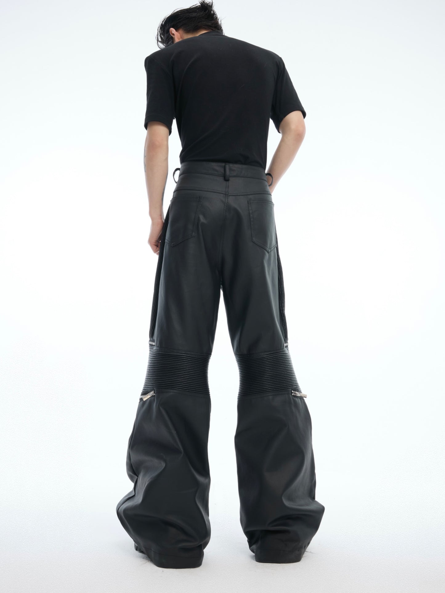 【25s Mar.】Deconstructed Metal Zipper High-Waisted Pleated Faux Leather Pants