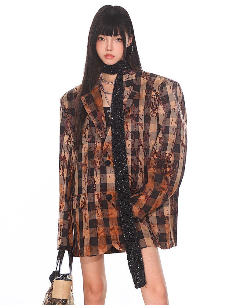 【24s Nov.】Niche Flame Flocked Plaid Suit Jacket ArtsKoreanMan