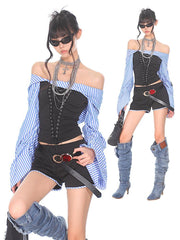 【24s Sep.】Vietnamese Niche Retro Striped Splicing Top + Shorts ArtsKoreanMan