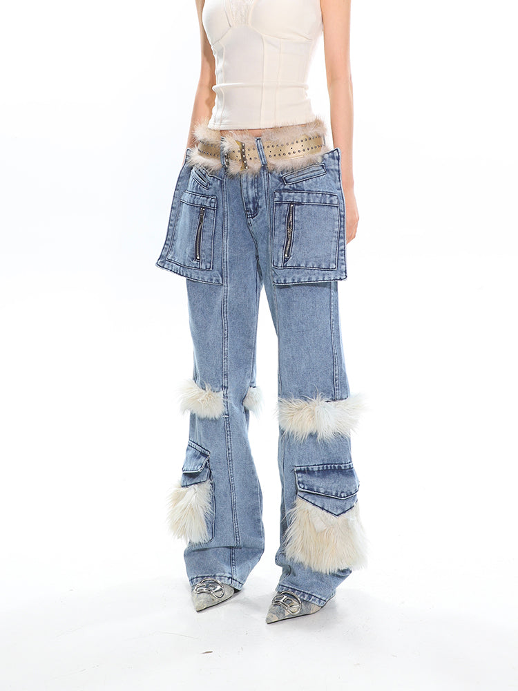 【25s Mar.】Retro Faux Fur Patchwork Utility Straight-Leg Denim Pants