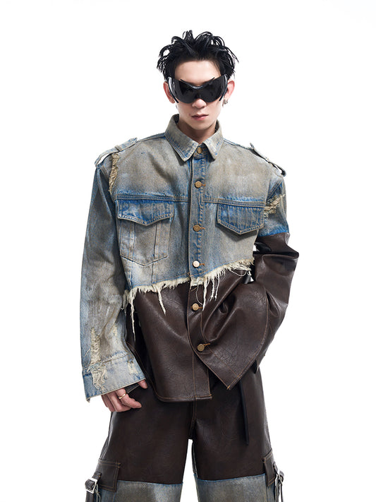 【24s Oct.】Vintage Distressed Patchwork Leather Denim Jacket