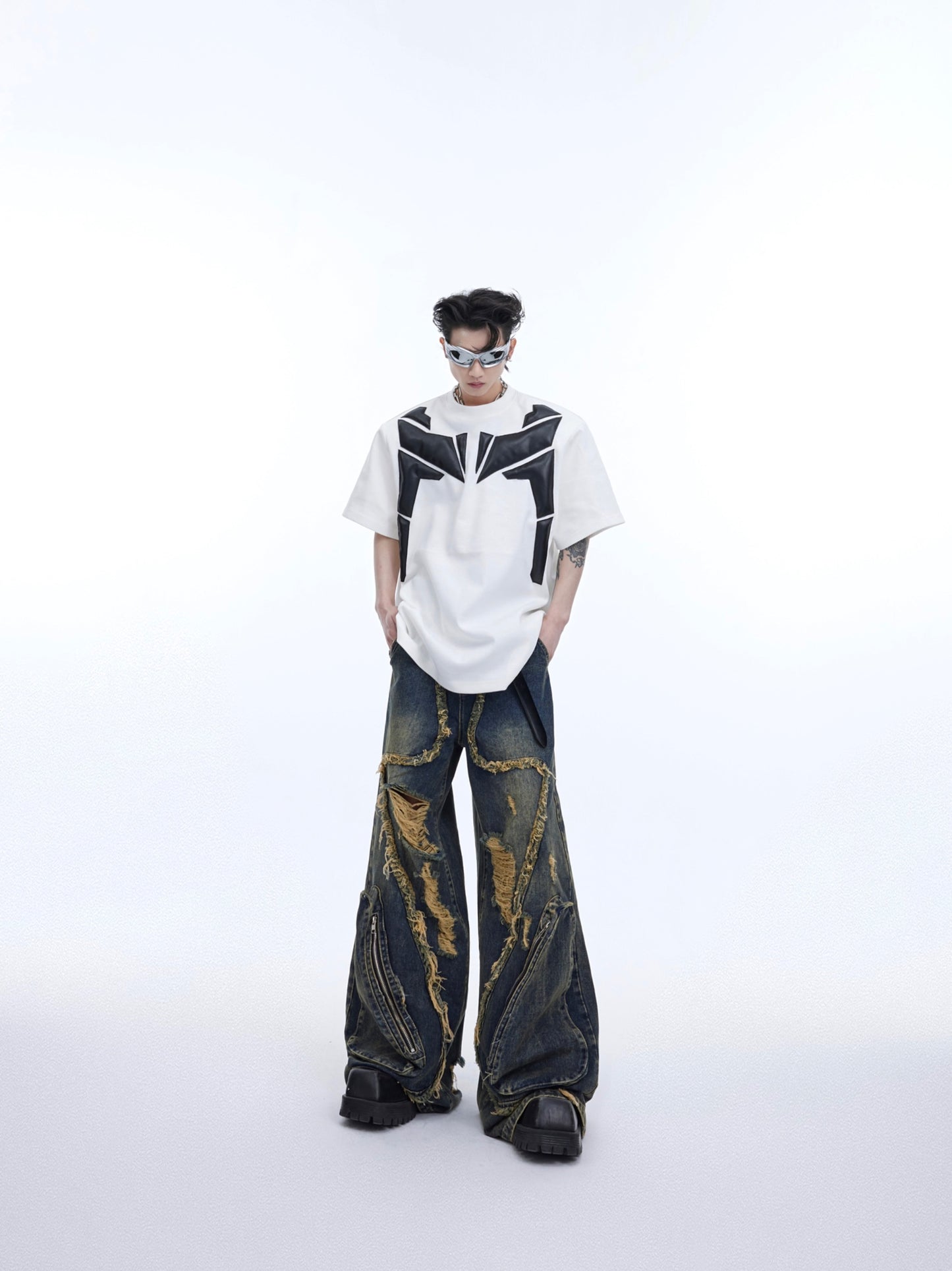 【24s April.】3D Embossed PU Leather Patchwork T-shirt