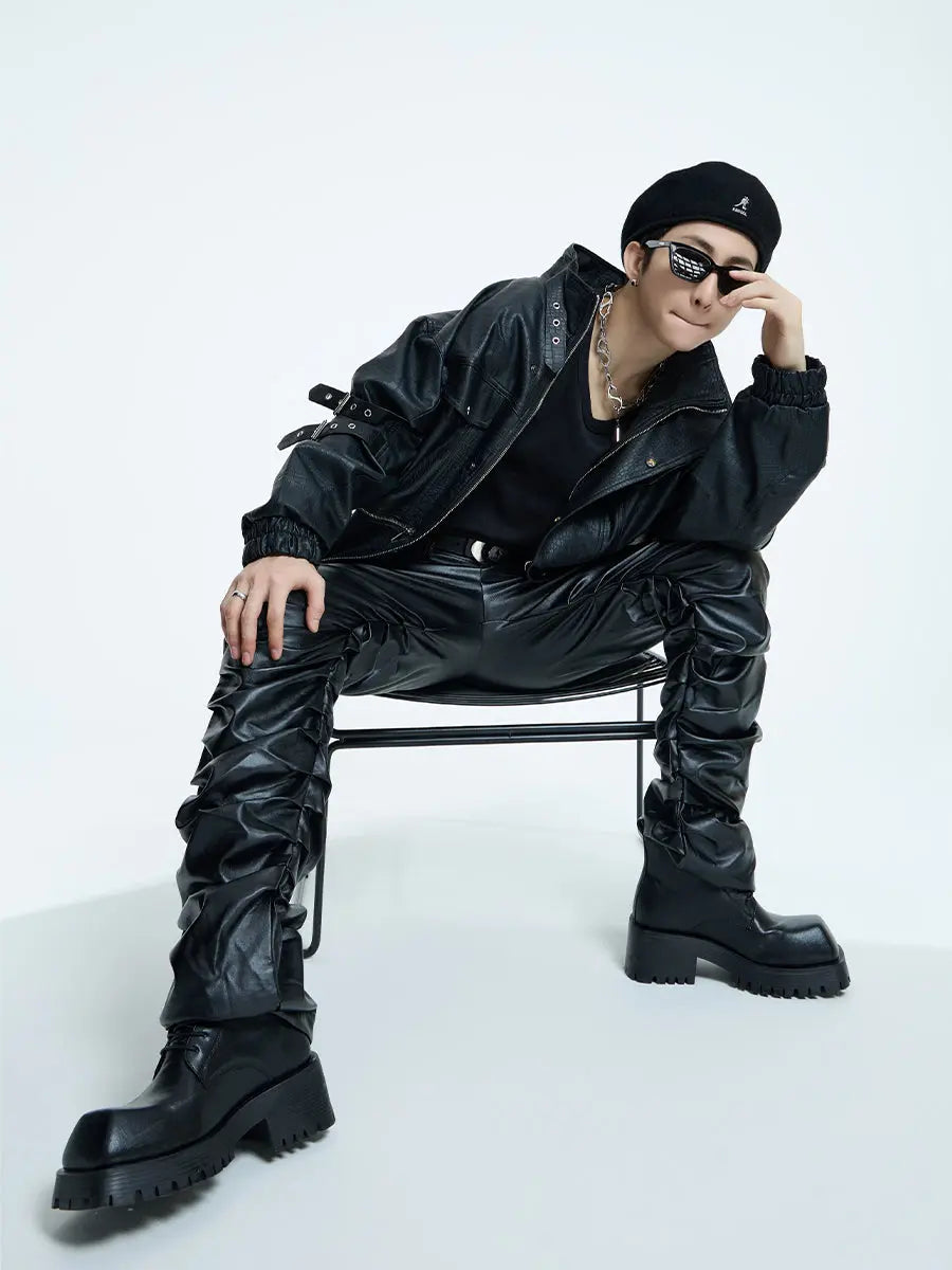 【23s September.】Loose Casual Retro PU Leather Jacket+ Leather Pants ArtsKoreanMan