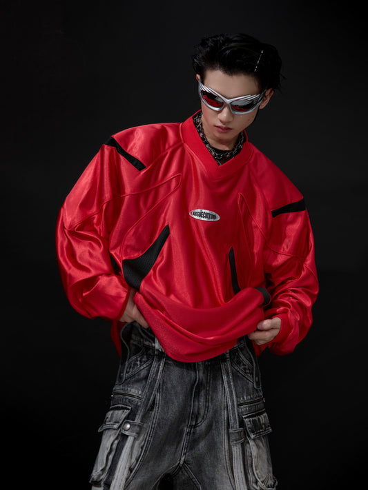 【24s Oct.】Glossy Wax Acid V-neck Contrasting Retro Sports Jersey