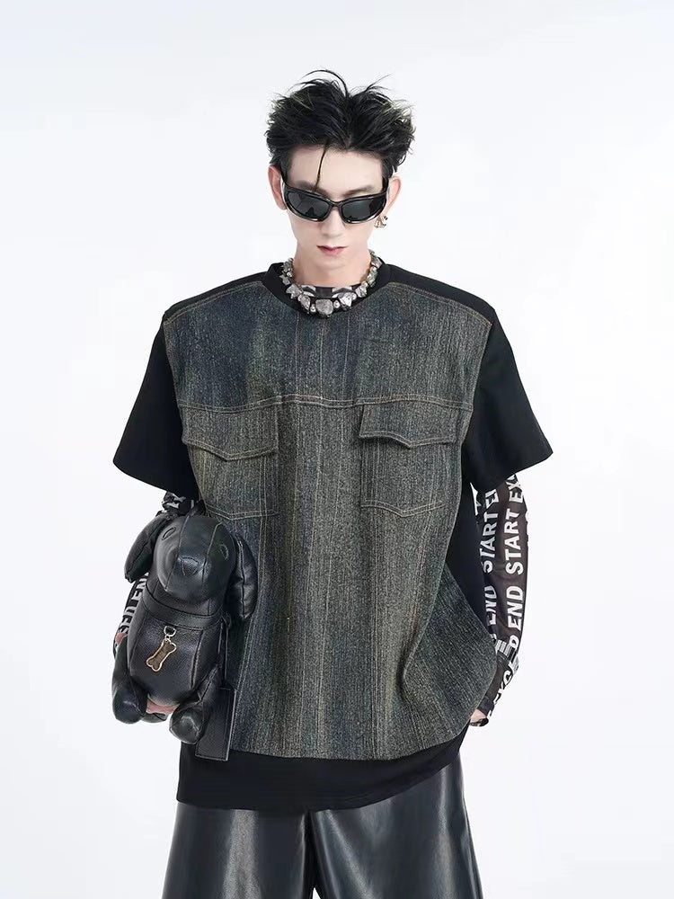 【24s Aug.】American Retro Denim Patchwork T-shirt ArtsKoreanMan