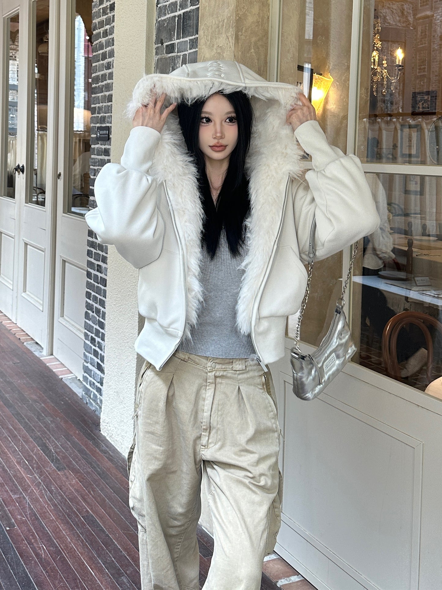 【25s Feb.】Lettering Sweatshirt White Fur Collar Hooded Jacket