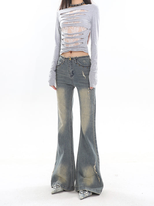 【23s November.】Washed Distressed Raw Edge Jeans