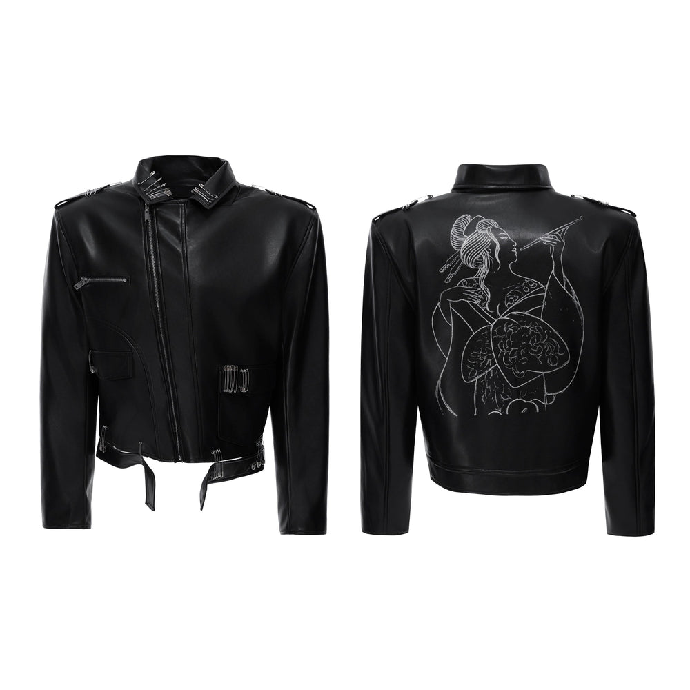 AKM winter popular multiple paper clip design black leather jacket