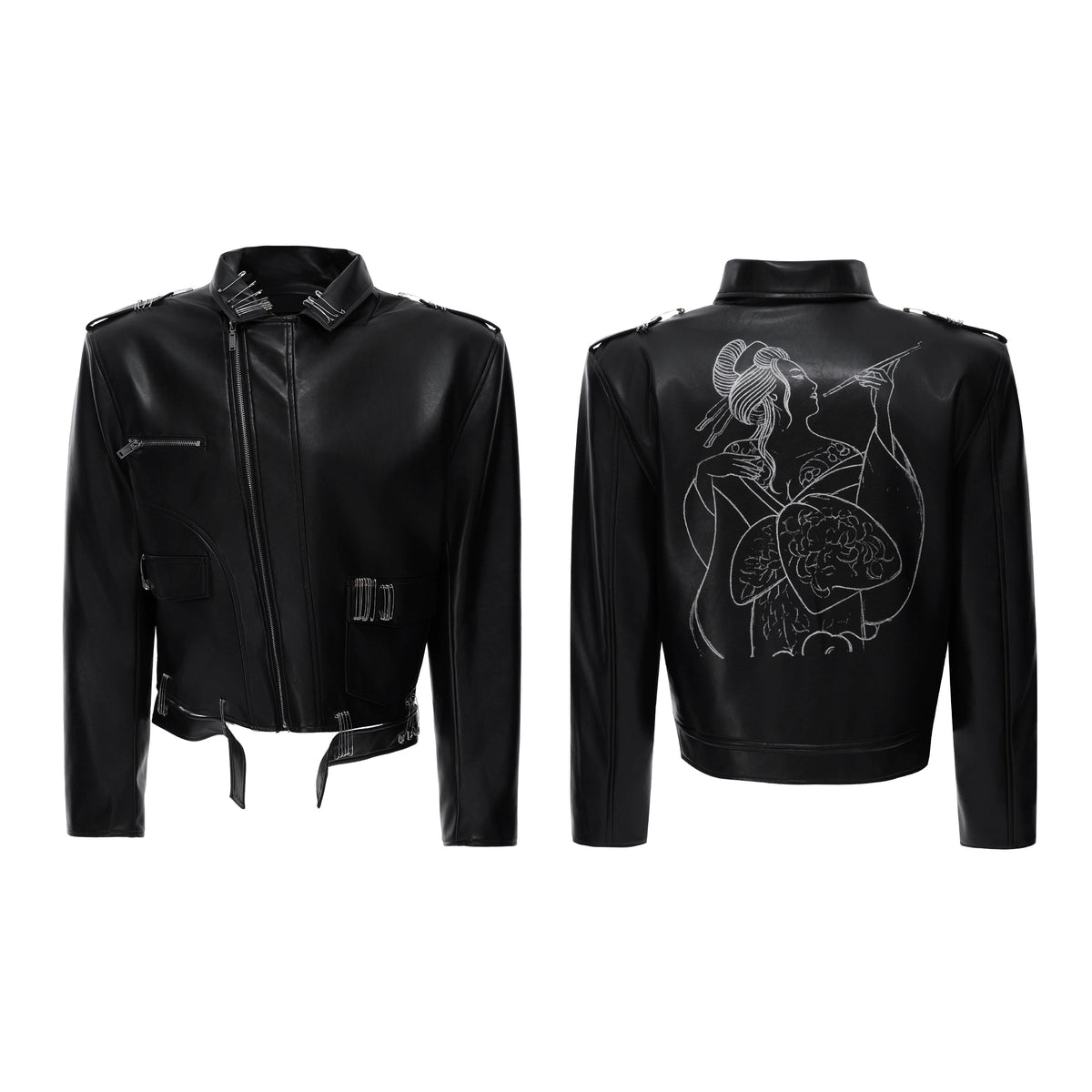 AKM winter popular multiple paper clip design black leather jacket