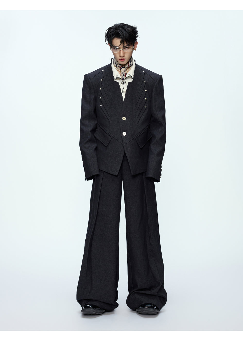 Collarless multi-layered popular black multi-button inlaid trousers
