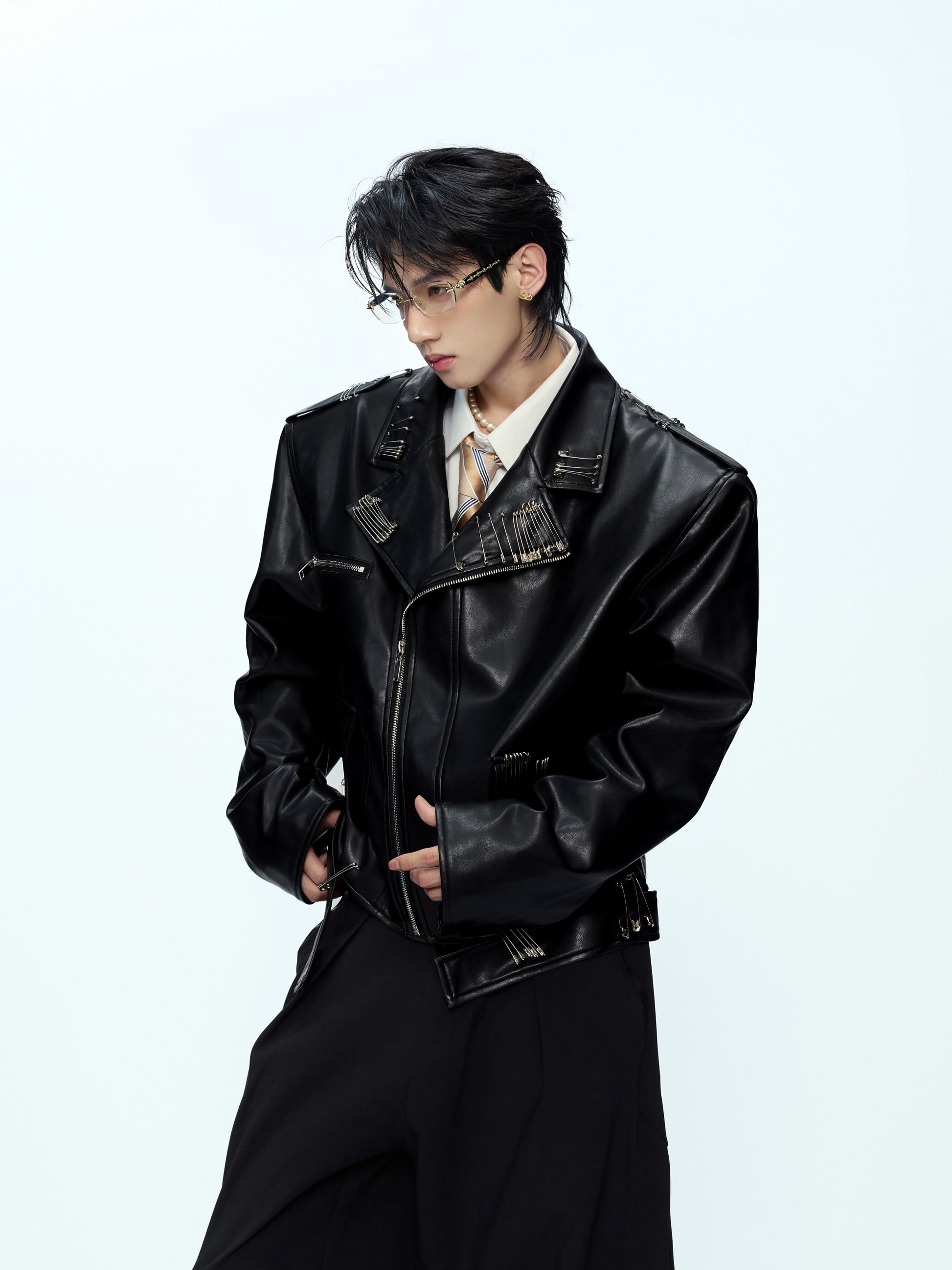 Black thick leather jacket with a print of an ancient Chinese beauty smoking.