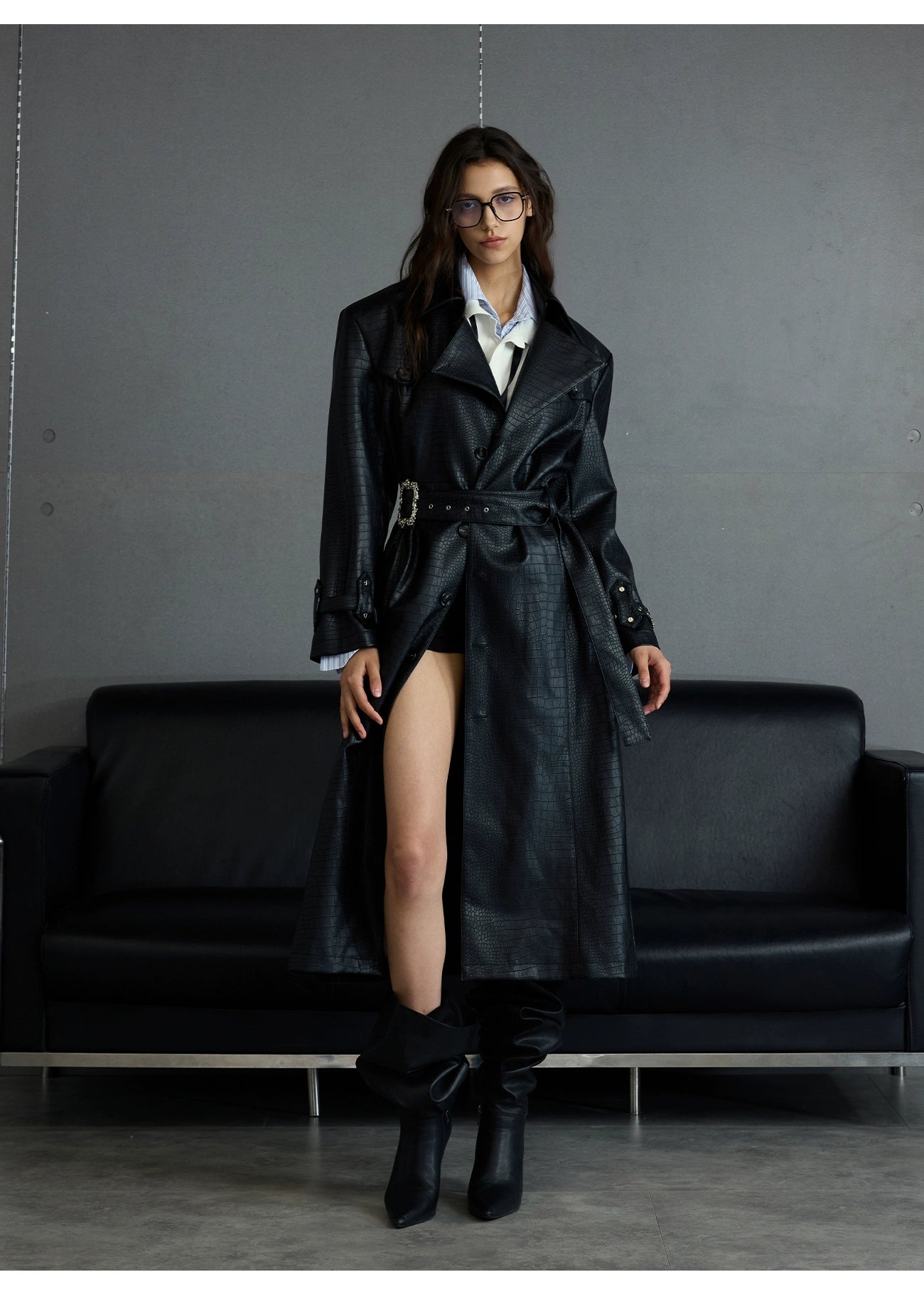 【25s Sep.】Deconstructed Crocodile-effect Metal Buttons Leather Coat