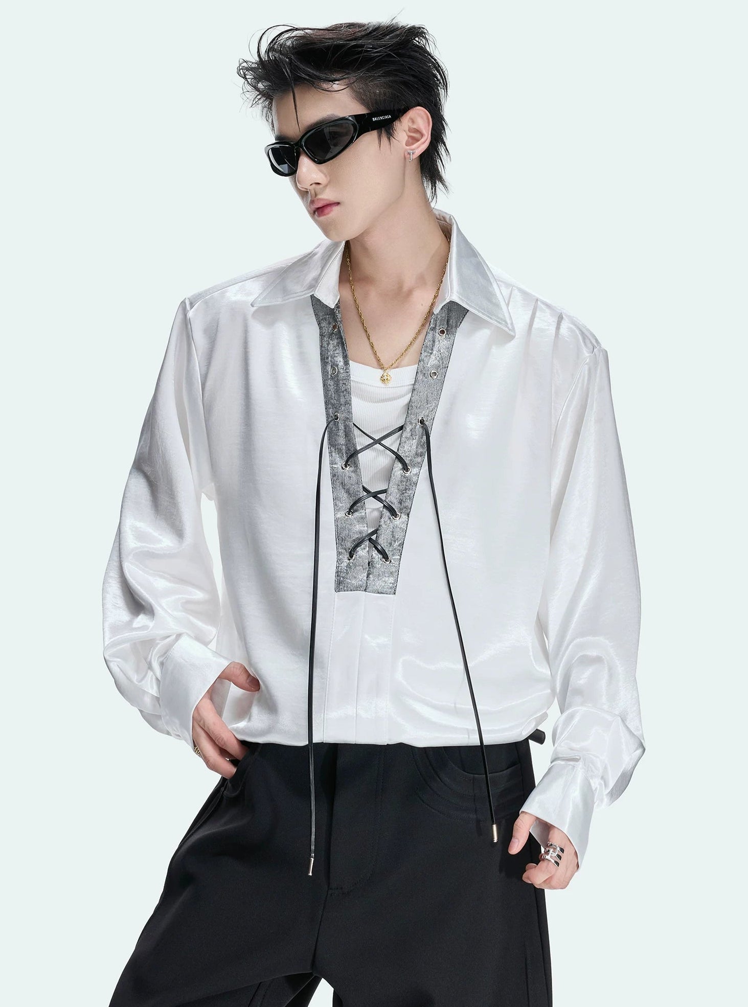 Contrast Lace-Up Satin V-Neck Shirt