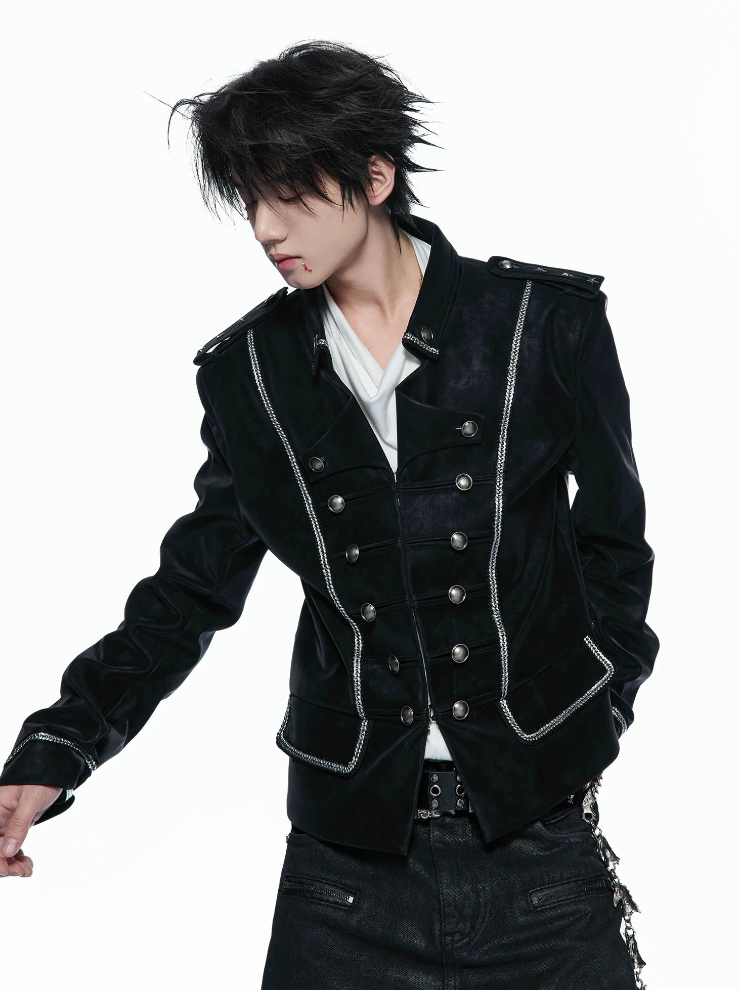 Silver Black Matte Leather Double-Breasted Structured Jacket