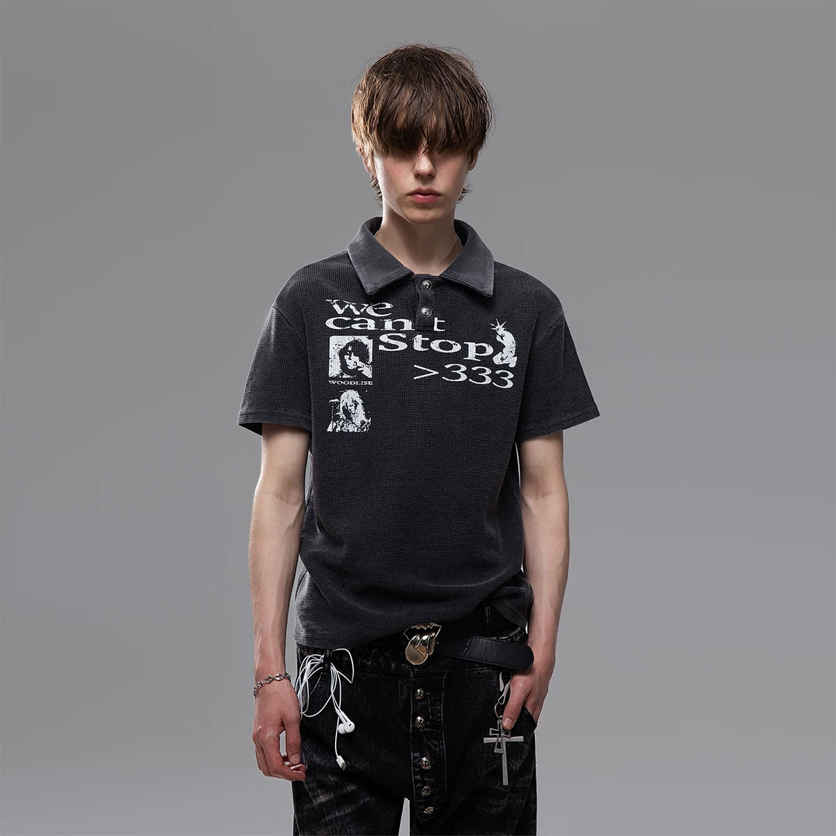 Distressed Waffle Boxy Polo Tee