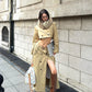 Elegant Khaki Short Trench Coat + Skirt Set