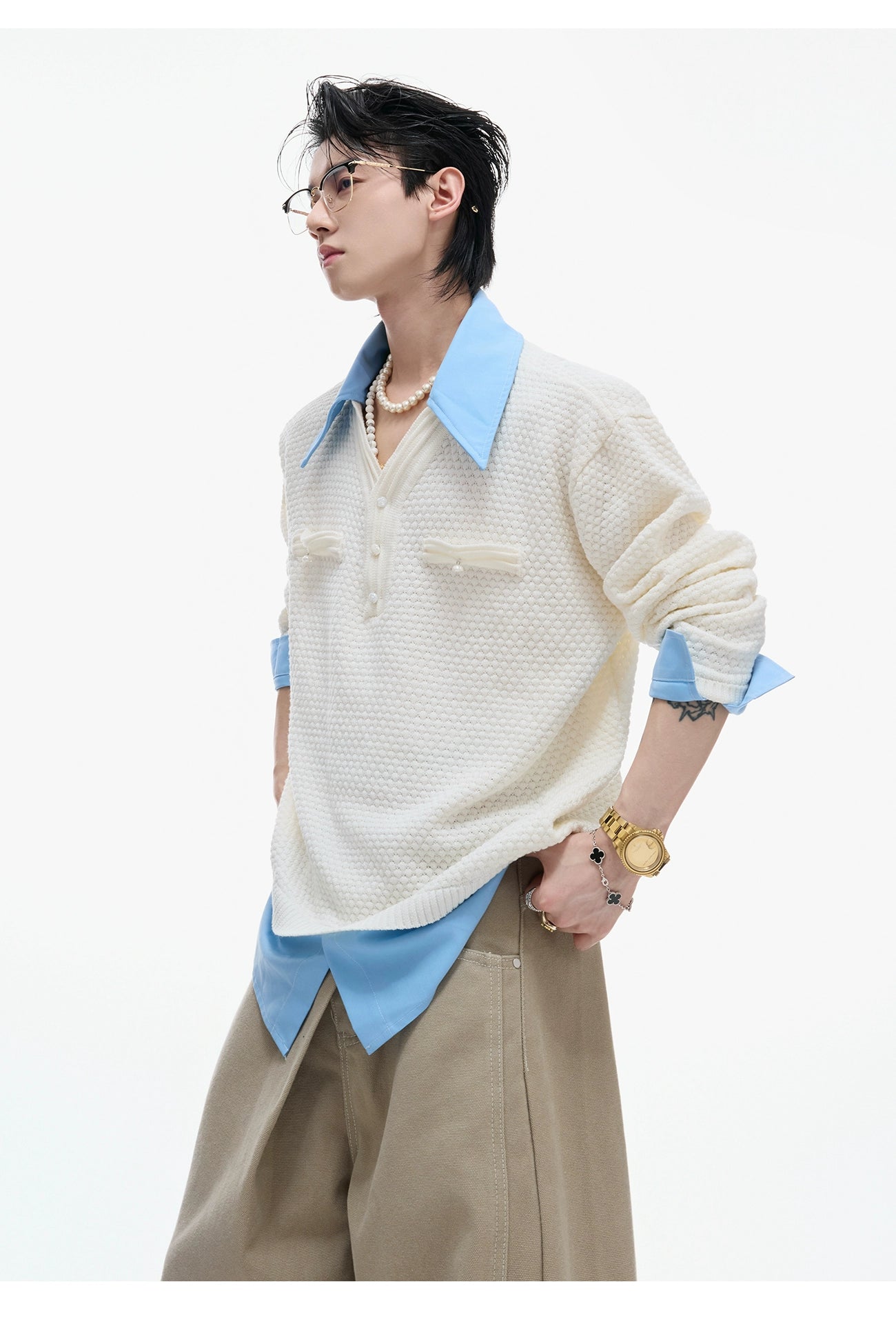 【25s Sep.】Textured Mock Two-piece Shirt Stitching Sweater