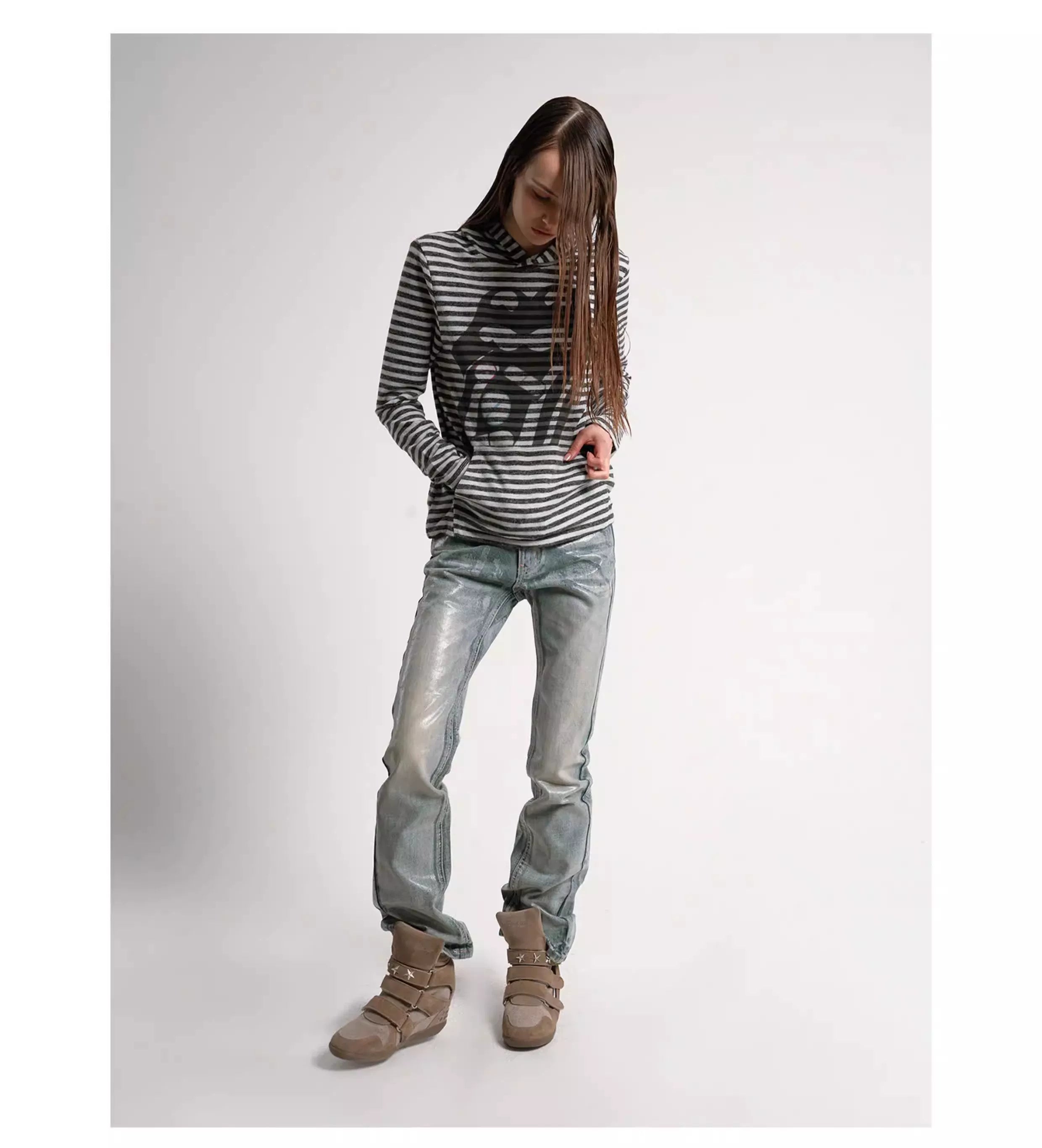 Ice Blue Crack Washed Flared Denim Jeans