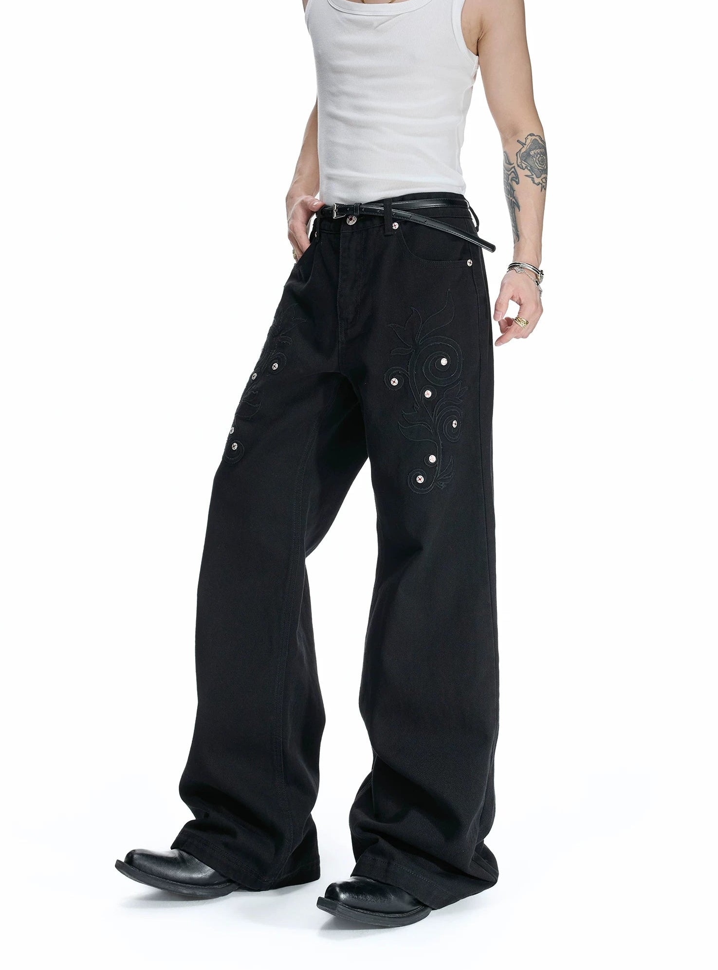 Rose Embroidered White Flared Jeans