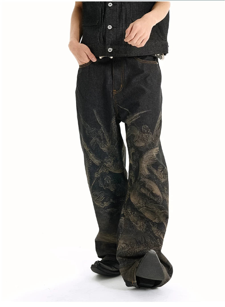 【26s May】Laser Burn Pattern Baggy Raw Denim Pants