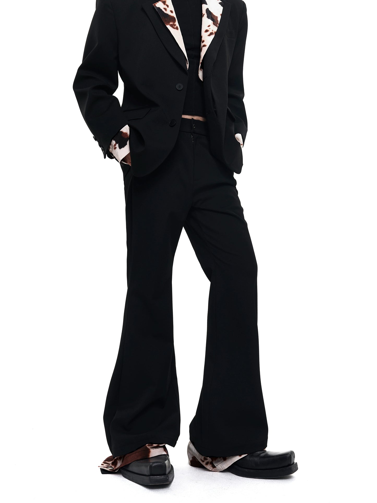 【25s Aug.】Black Flared Two-Layer Pants with Cow Print Panels