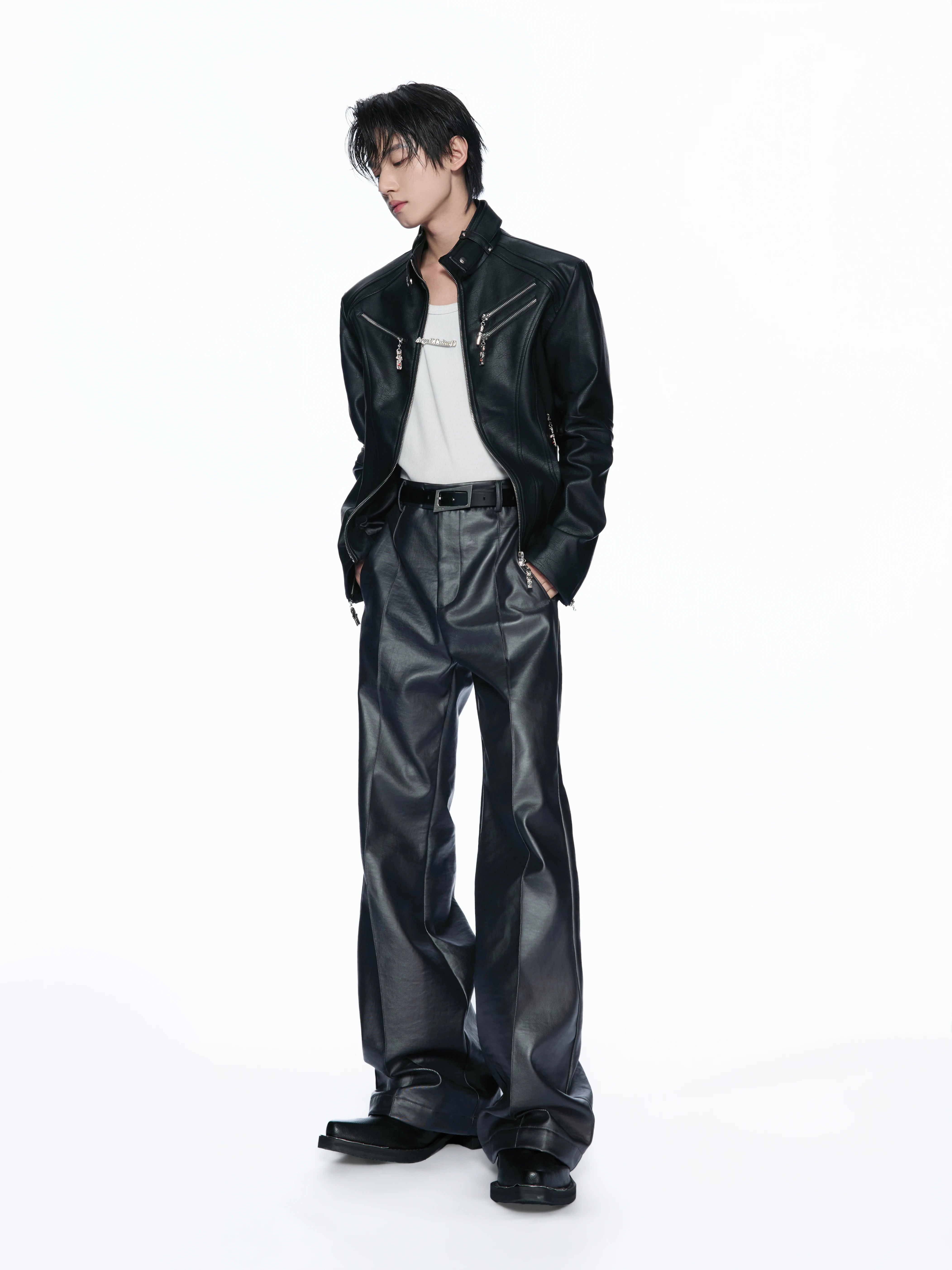 Vegetable-Tanned Concept Matte Bio-Leather Straight Flared Pants