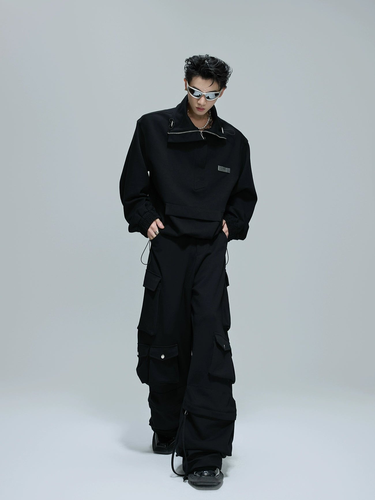 【25s Oct.】Casual Stand Collar Cropped Sweatshirt/Ribbon Pocket Pants