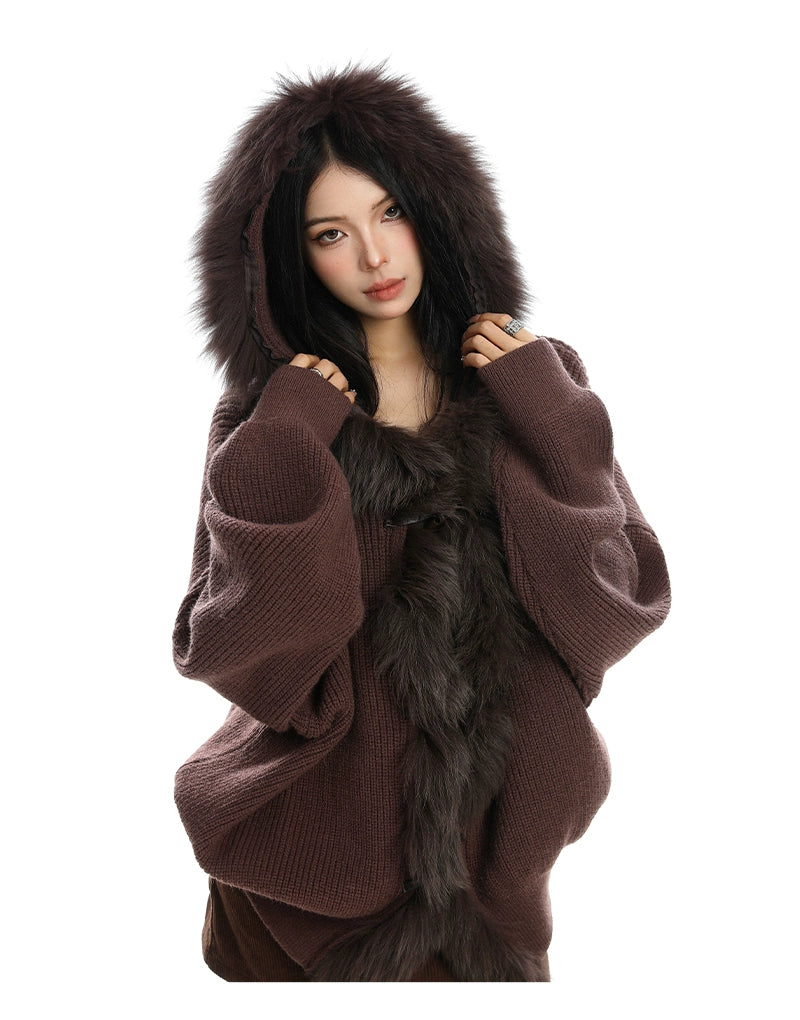 【25s Nov.】Large Fur Collar Patchwork Hooded Knit Sweater