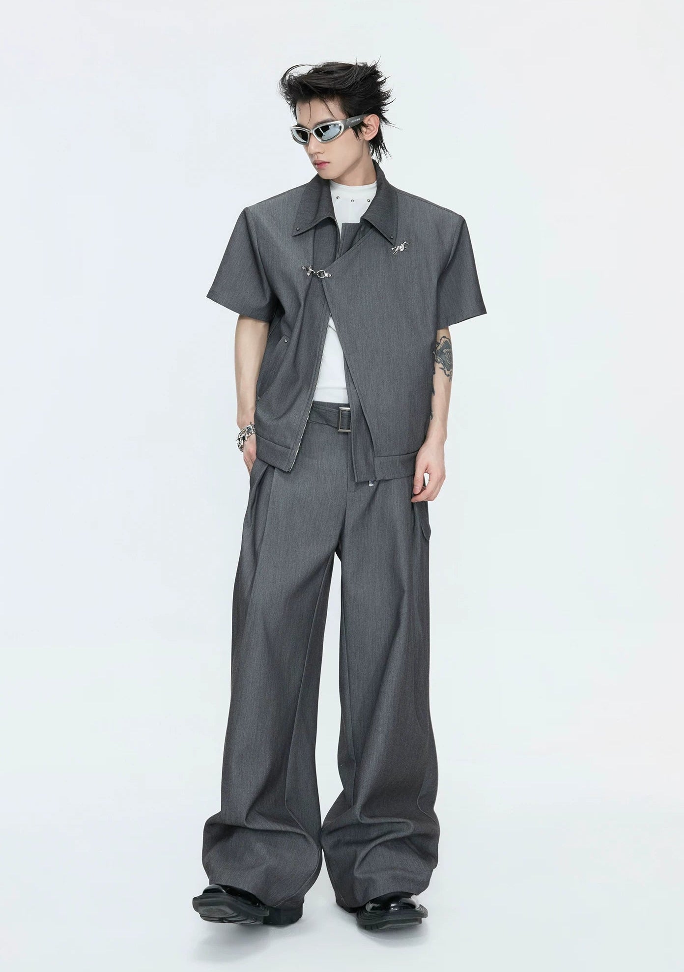 【26s May】Asymmetric Layered Cropped Shoulder Jacket Set