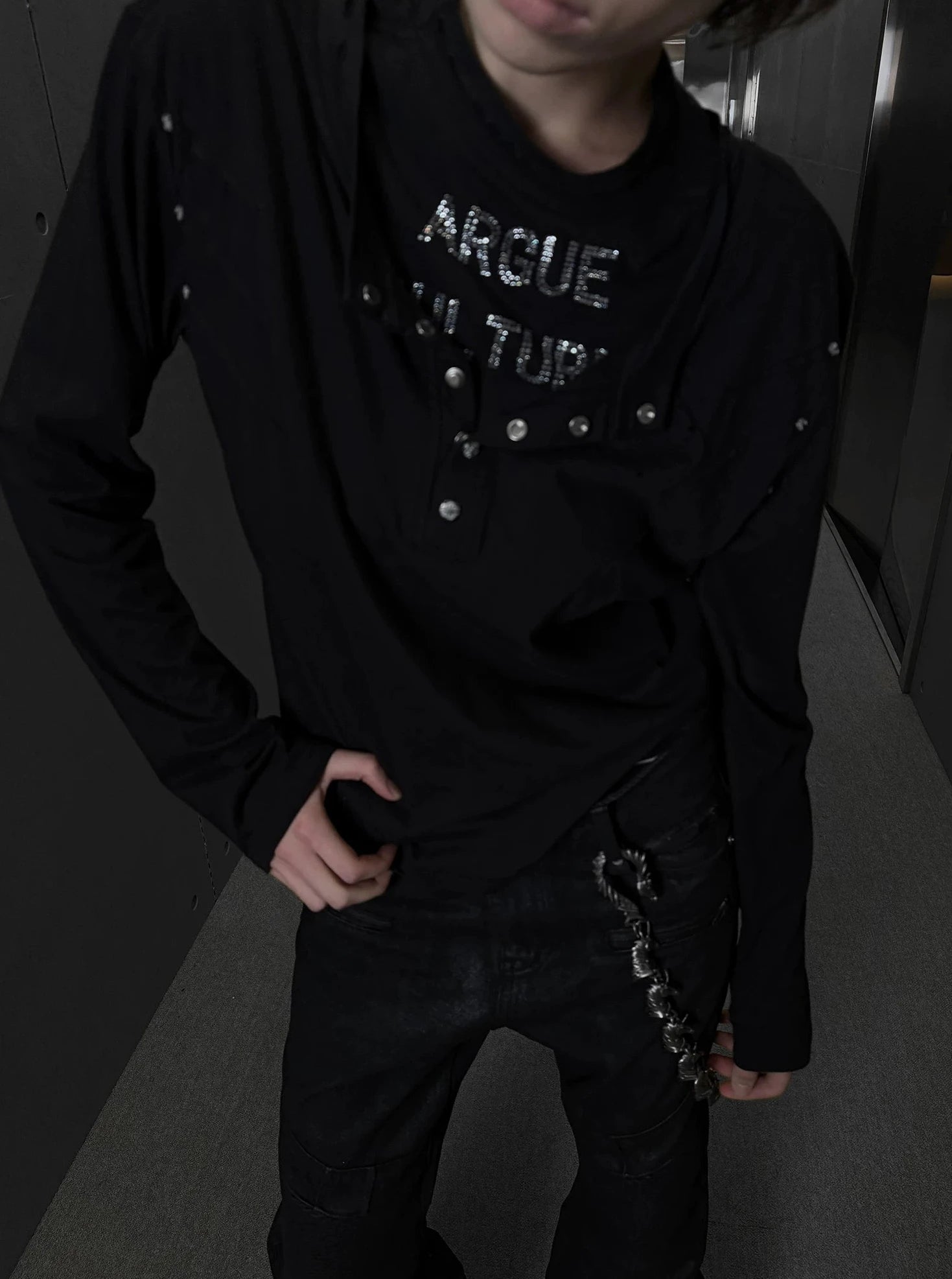Hand-Distressed Layered Henley Long Sleeve Top