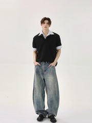 【25s Aug.】Patchwork Striped POLO Collar Shirt T-Shirt