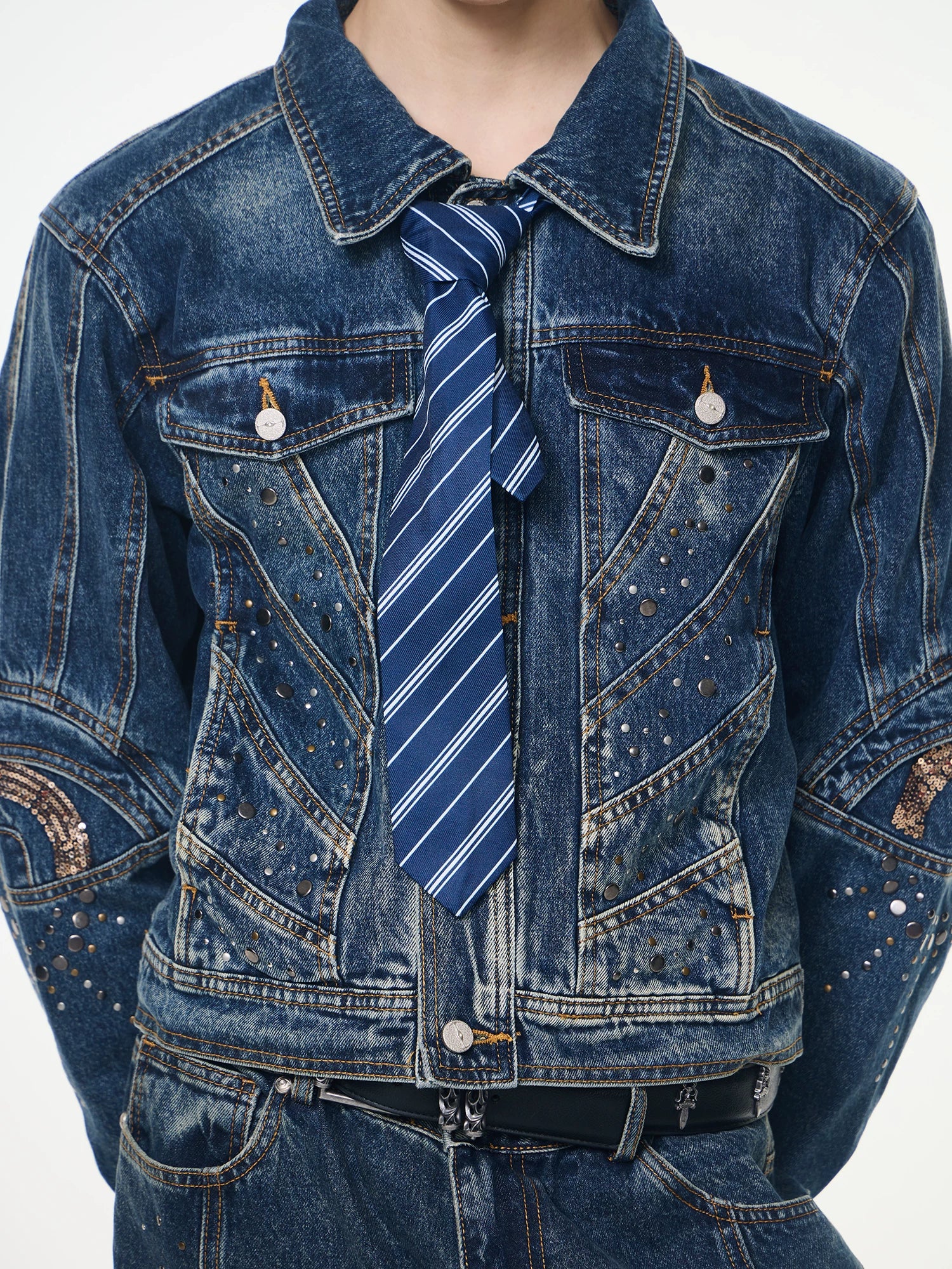 【26s Apr.】Distressed Studded Sequin Denim Set