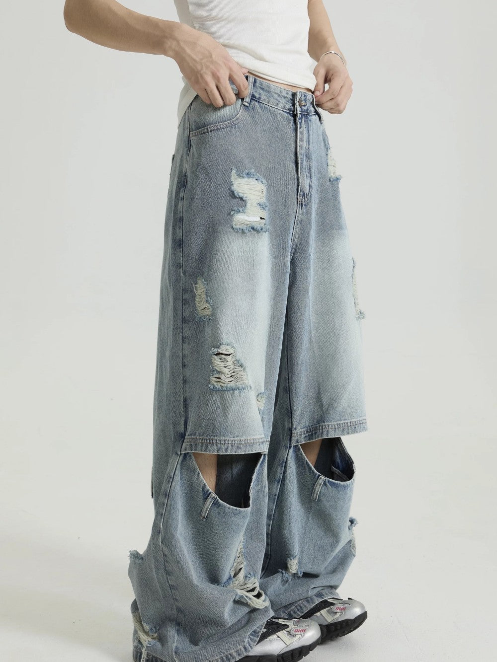 Distressed Denim Vest Wide-Leg Set