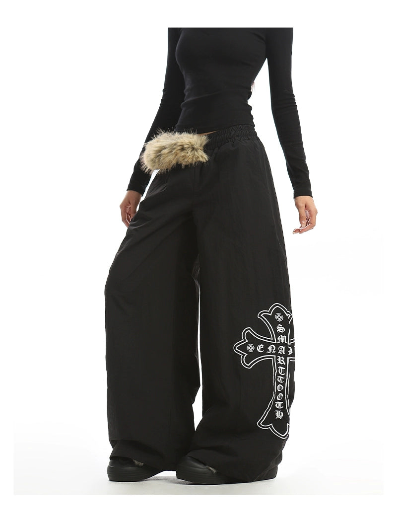 【25s Dec.】Fur Collar Printed Fleece-lined Curved Trousers