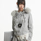 【25s Oct.】Vintage Grey Fur Collar Hooded Sweatshirt