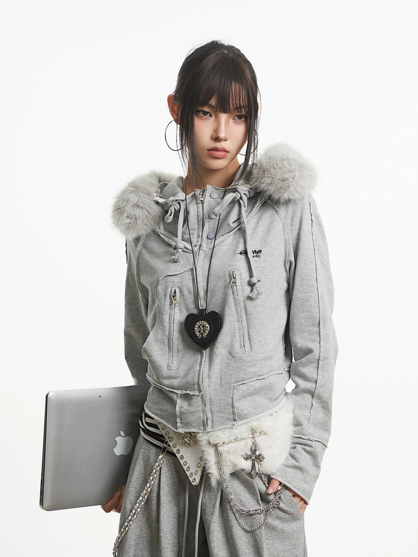 【25s Oct.】Vintage Grey Fur Collar Hooded Sweatshirt
