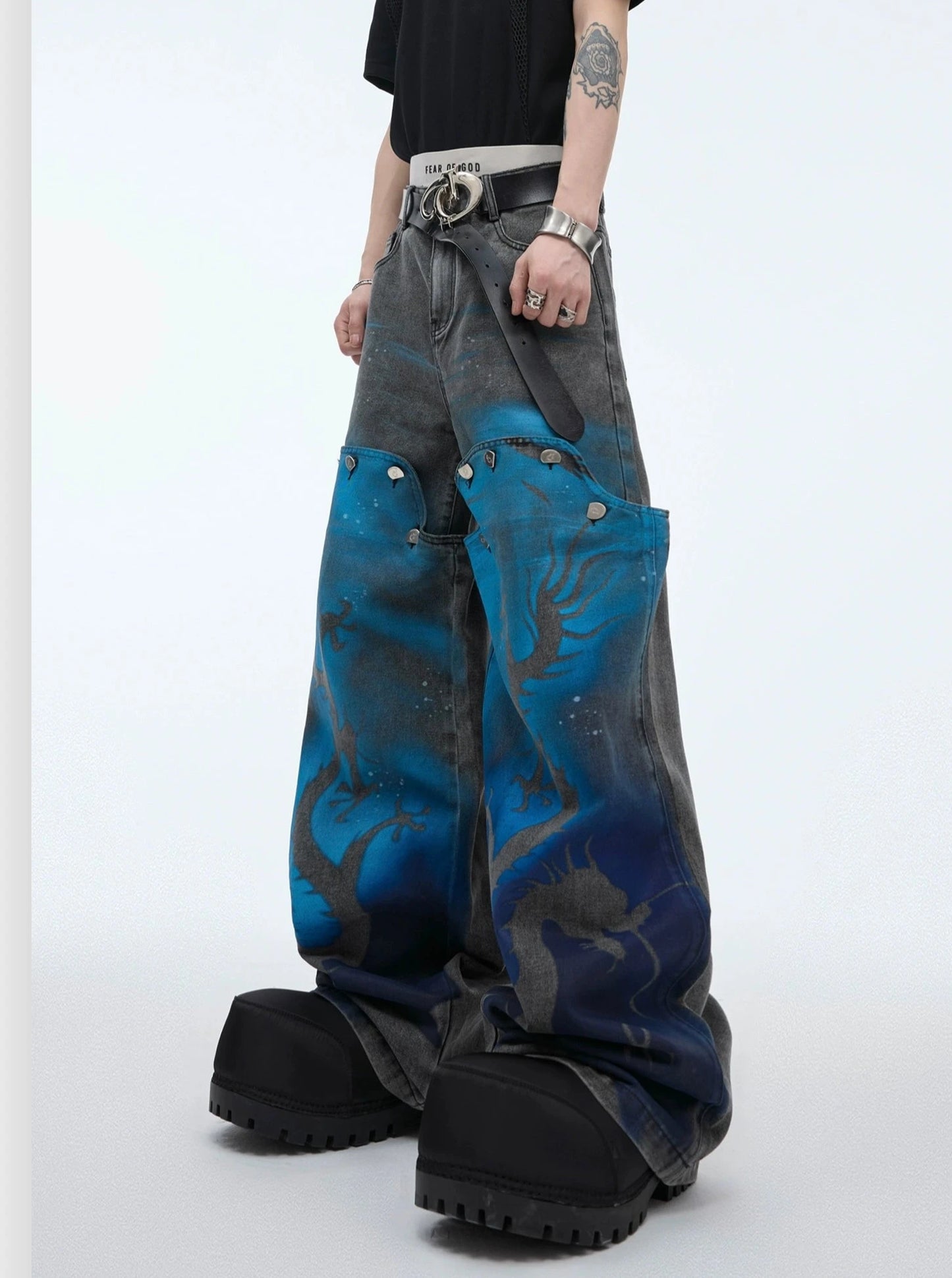 【24s May.】Deconstructed Detachable Dragon-printed Jeans