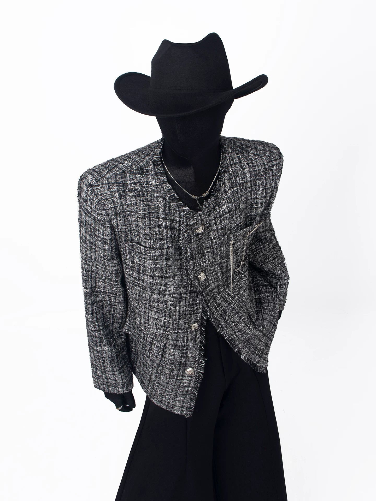 Frayed Trim Cropped Tweed Jacke