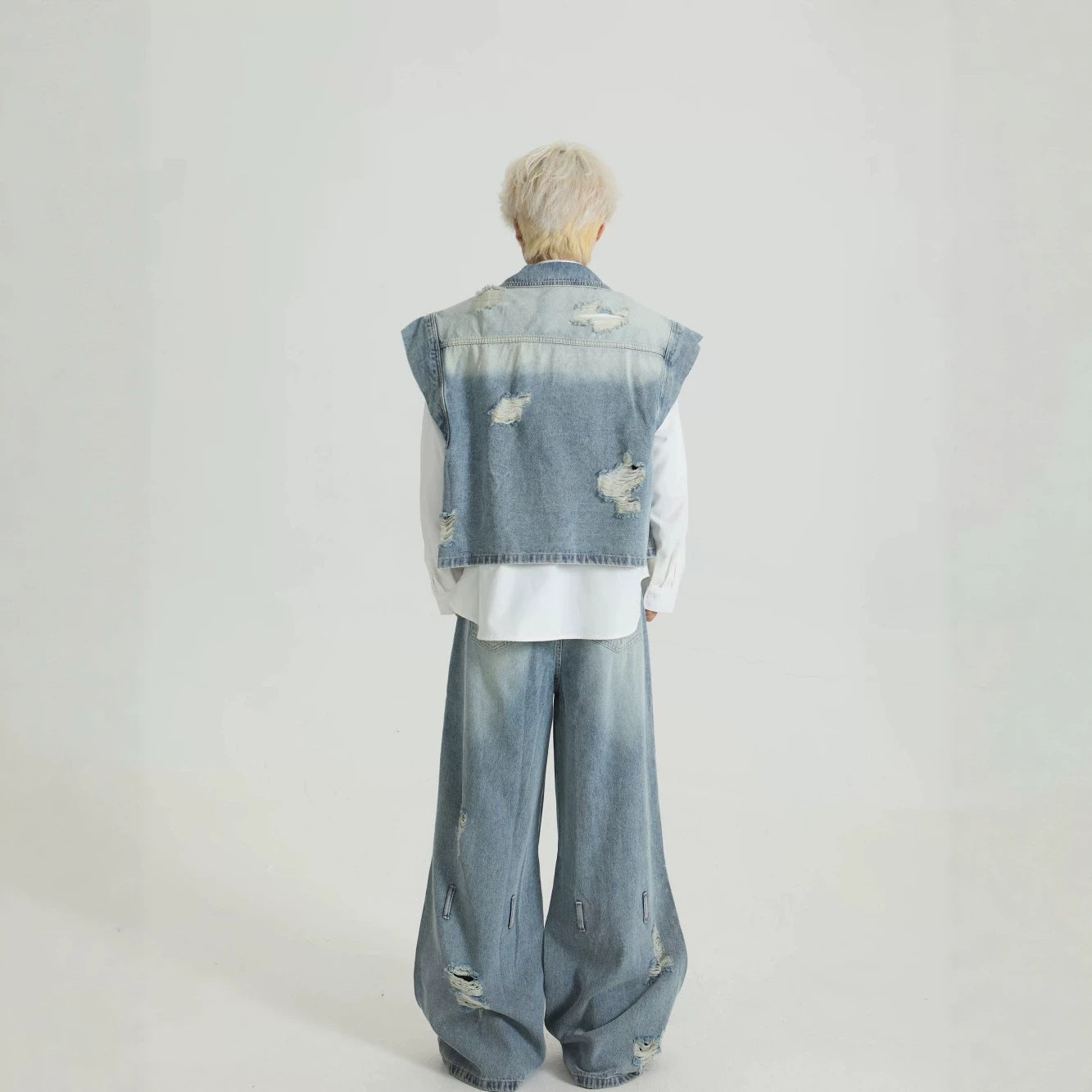 Distressed Denim Vest Wide-Leg Set