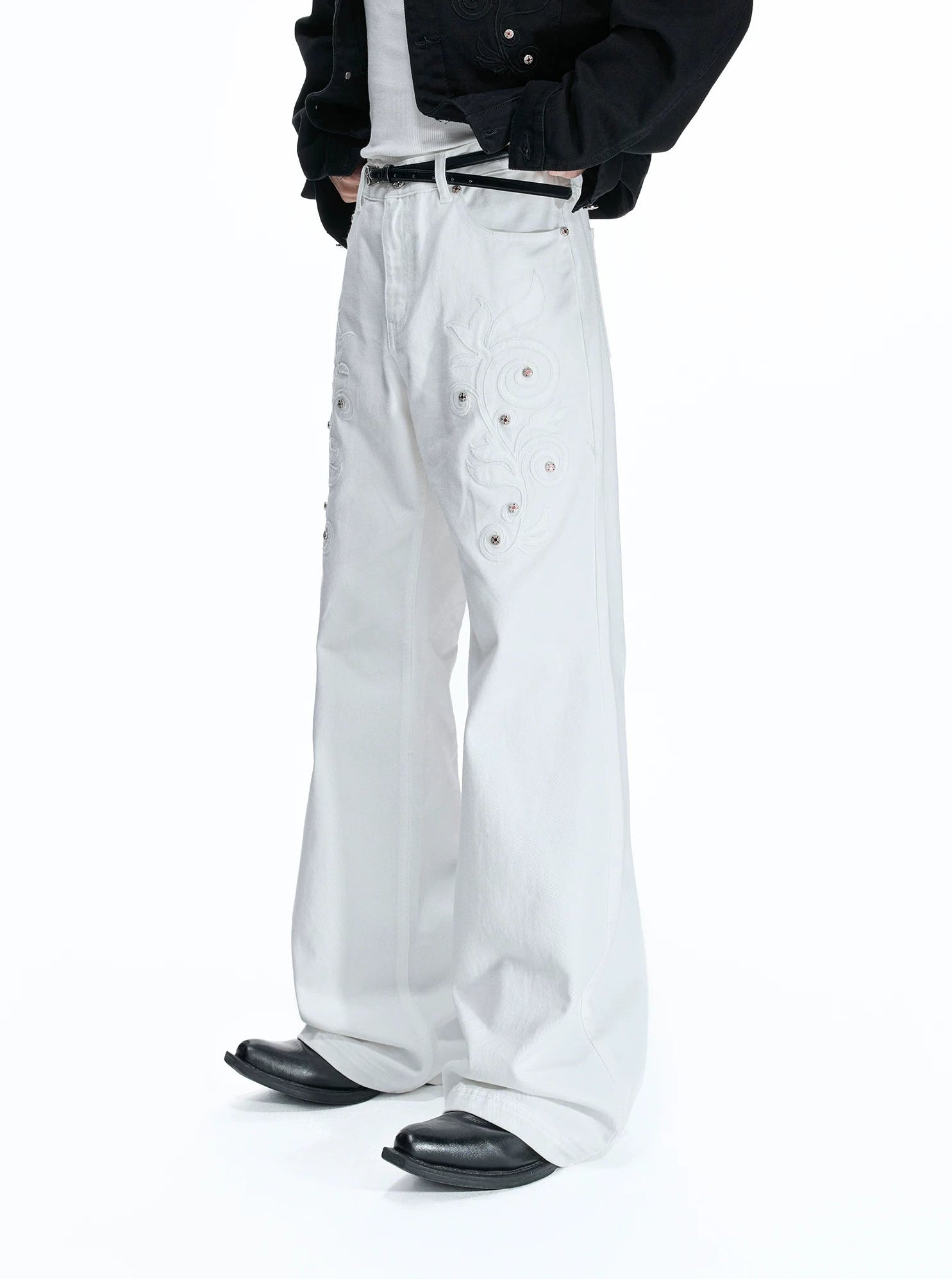 Rose Embroidered White Flared Jeans