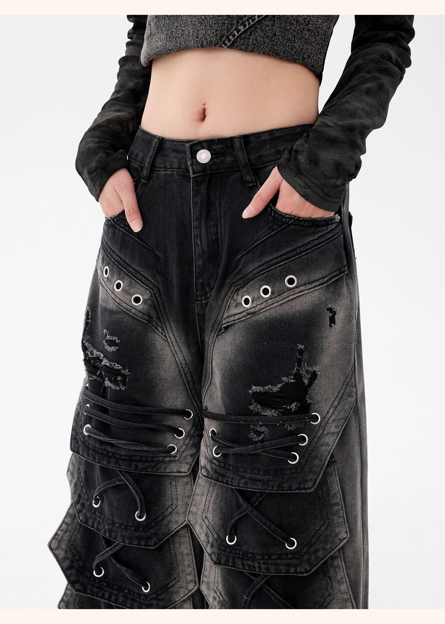 【25s Dec.】Distressed Patchwork Punk Wasteland Style Jeans