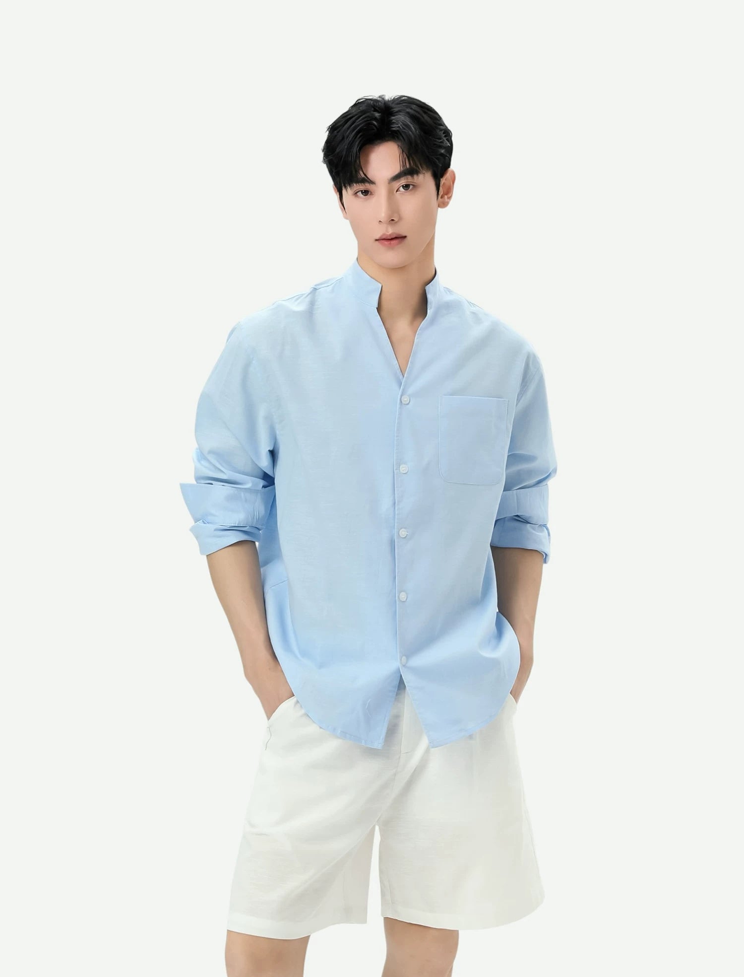 Stand Collar Linen-Texture Shirt